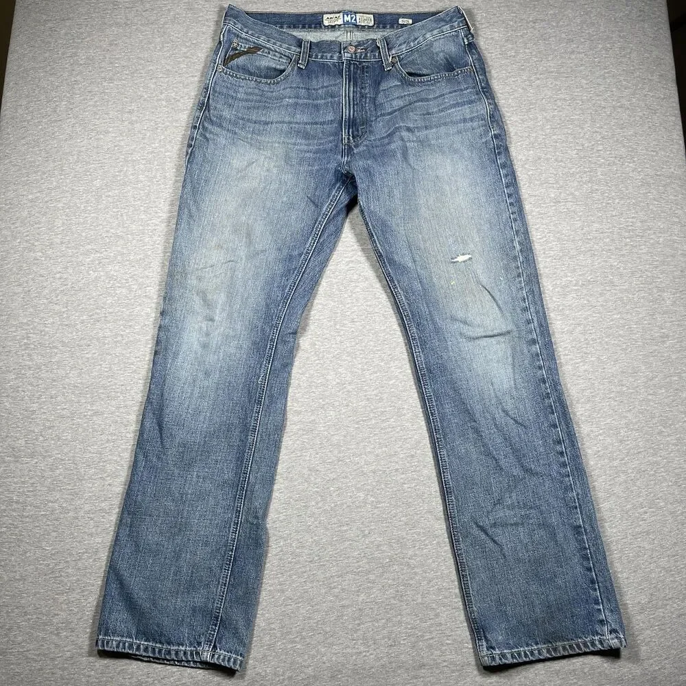 Ariat Legacy M2 Jeans Mens 34x32 Blue Light Wash Relaxed Boot Cut Distressed